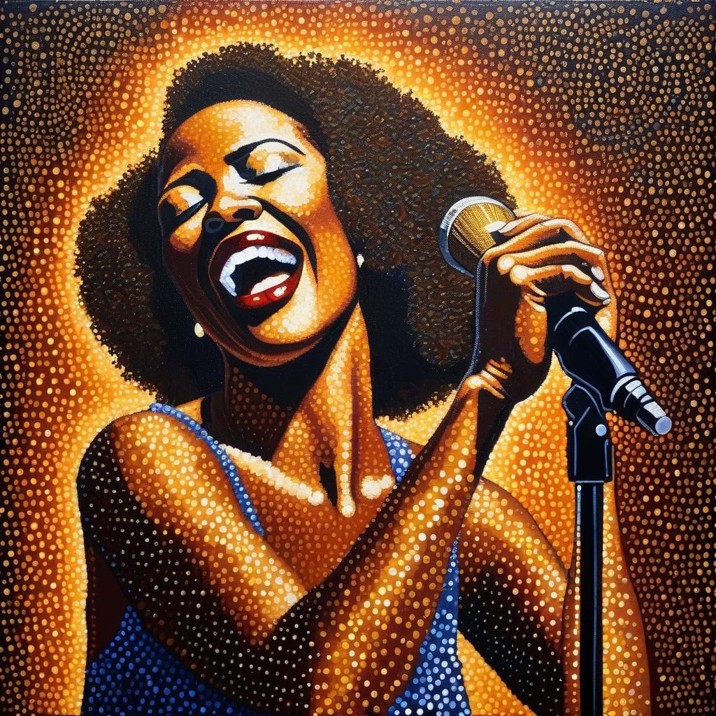 Pointillist Jazz Singer on Stage in Oil