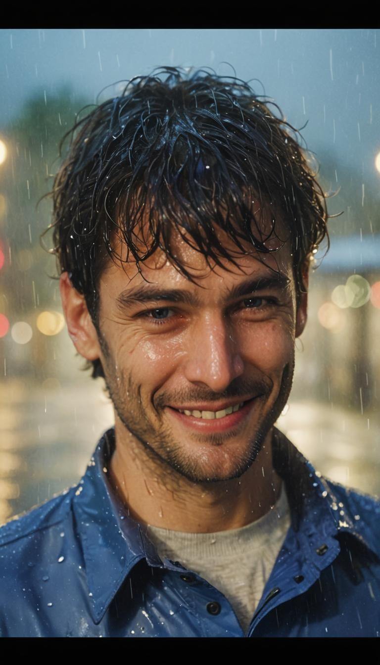 Man Smiling in Rain with Noir Neon Reflections