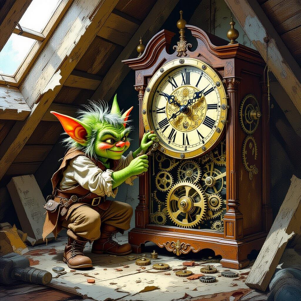 Mischievous Gremlin Tinkers With Grandfather Clock in Attic