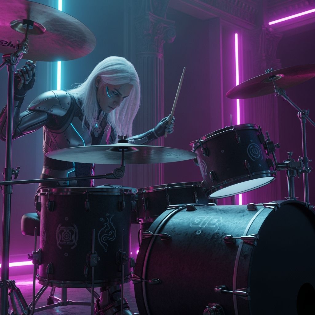 Cyberpunk Android Drummer with Futuristic Set