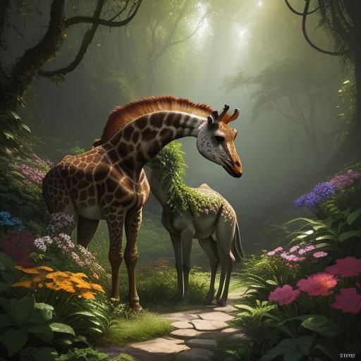 Giraffe in Mystical Forest: Fantasy Matte Painting