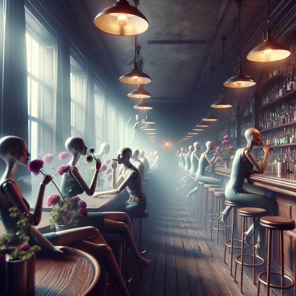 Surreal Bar Scene with Smoking Mannequins
