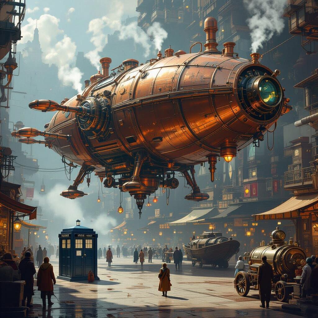 Steampunk Spacecraft Landing in a Bustling Spaceport