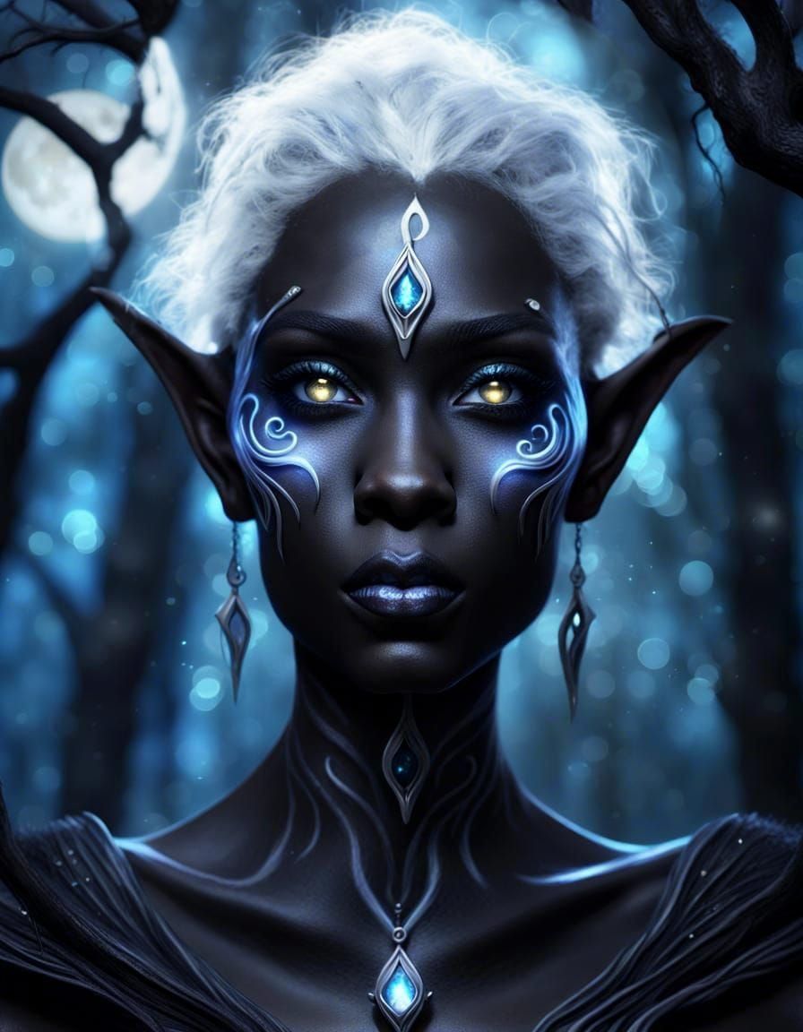 Beautiful Dark Elf Wizard in Moonlit Forest