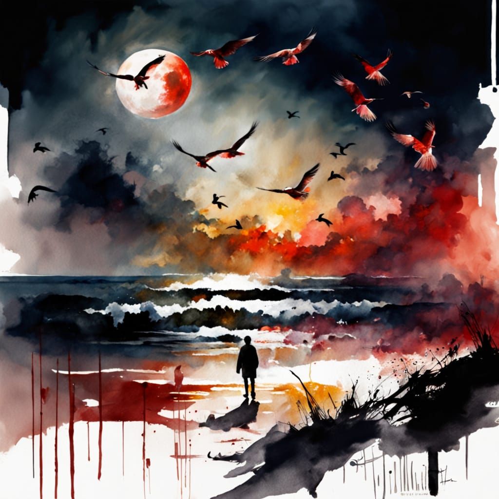 Triple Blood Moon Over Ocean Watercolor Painting