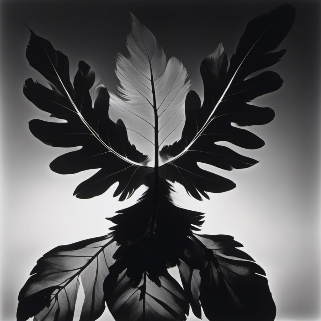 <lora:BWandReds:1.0> bird photogram, rayograph, leaves, feat...