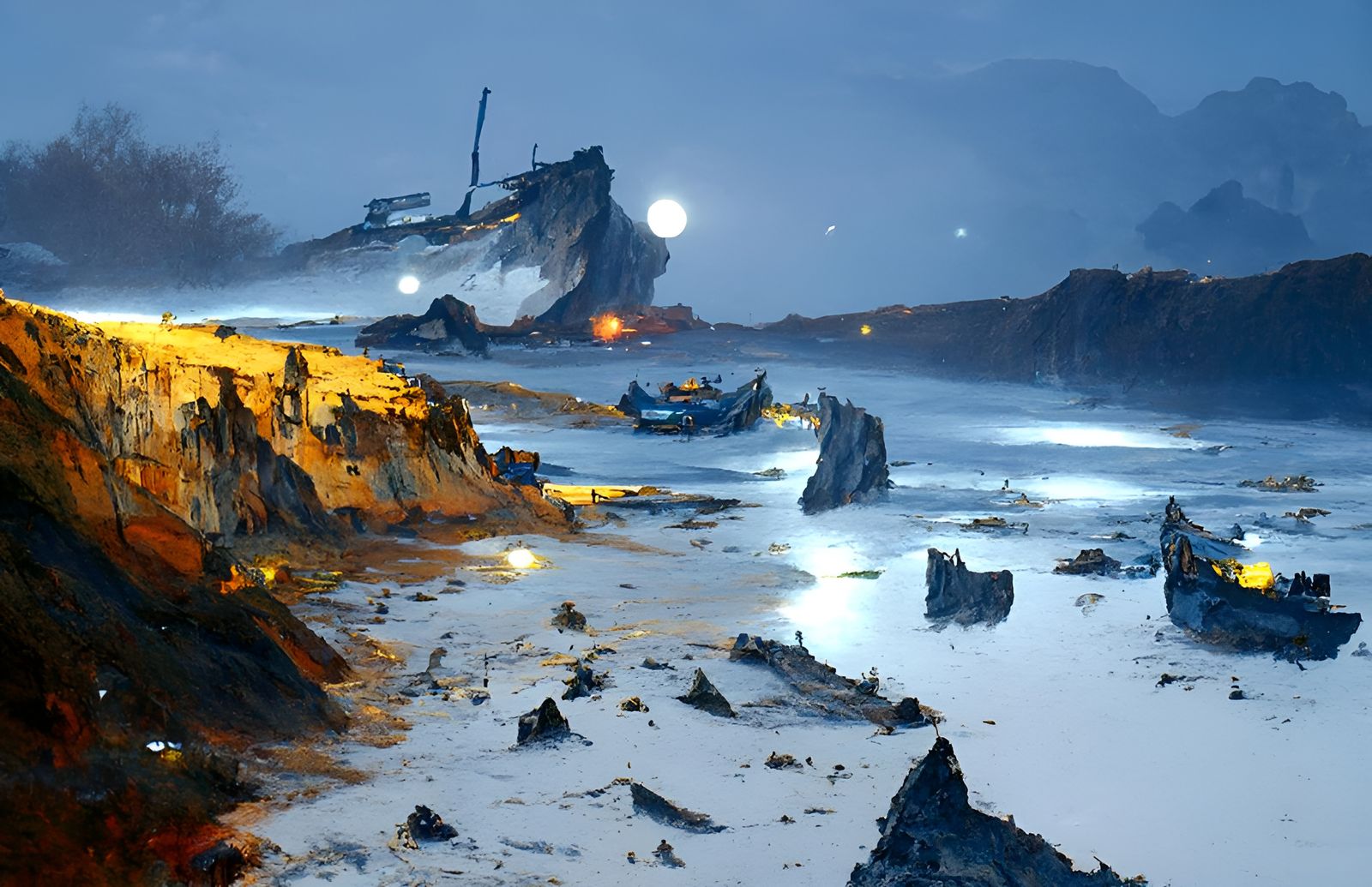 Moonlit Coastal Cliffs with Destroyed Boats