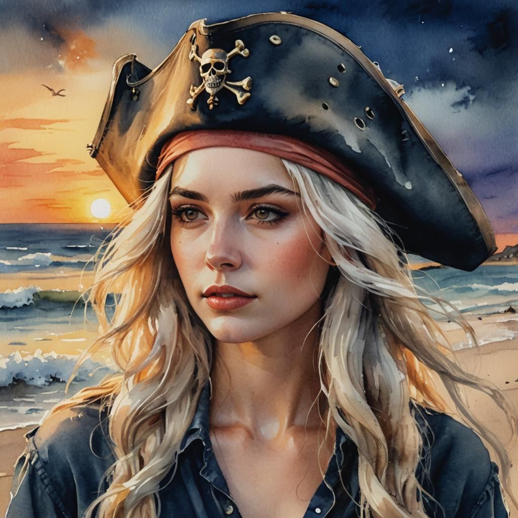 Watercolor Pirate Woman Portrait at Sunset