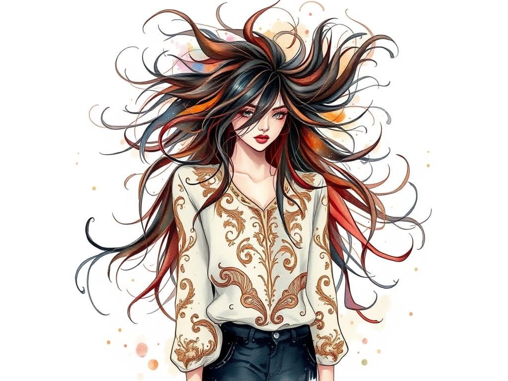 Intricate Woman with Flowing Hair in Watercolor Style