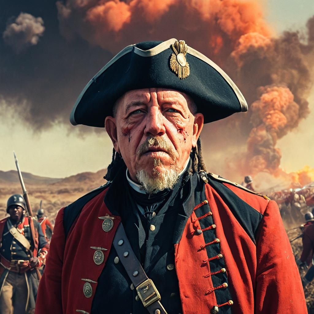 Medium shot of <Subject> as a British redcoat at the battle ...