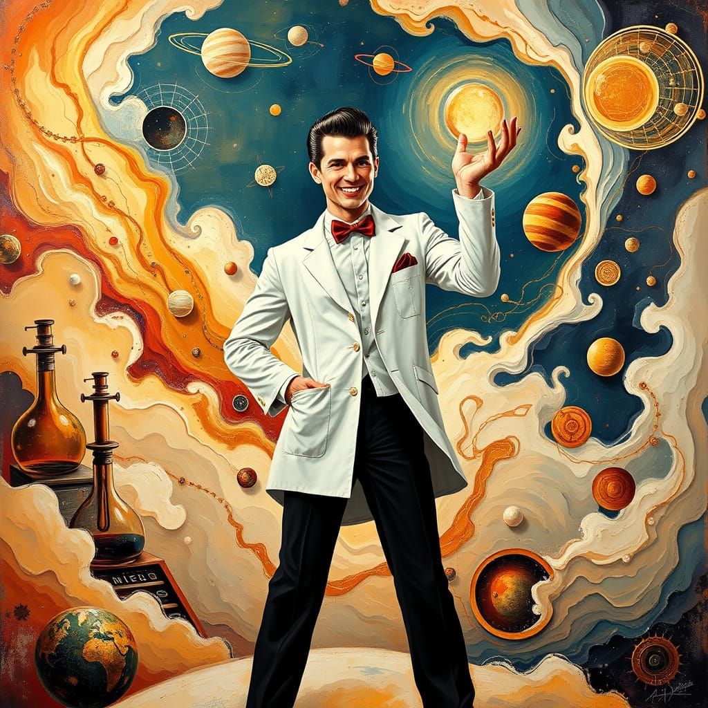 Rockabilly Scientist in Dreamlike Lab Landscape