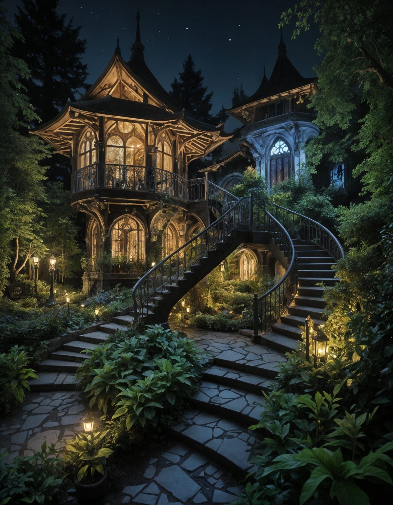 Gothic Garden of Wonders Illuminated by Moonlight