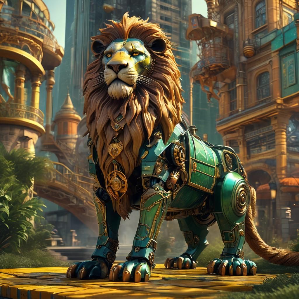 Steampunk Lion from Wizard of Oz on Yellow Brick Road