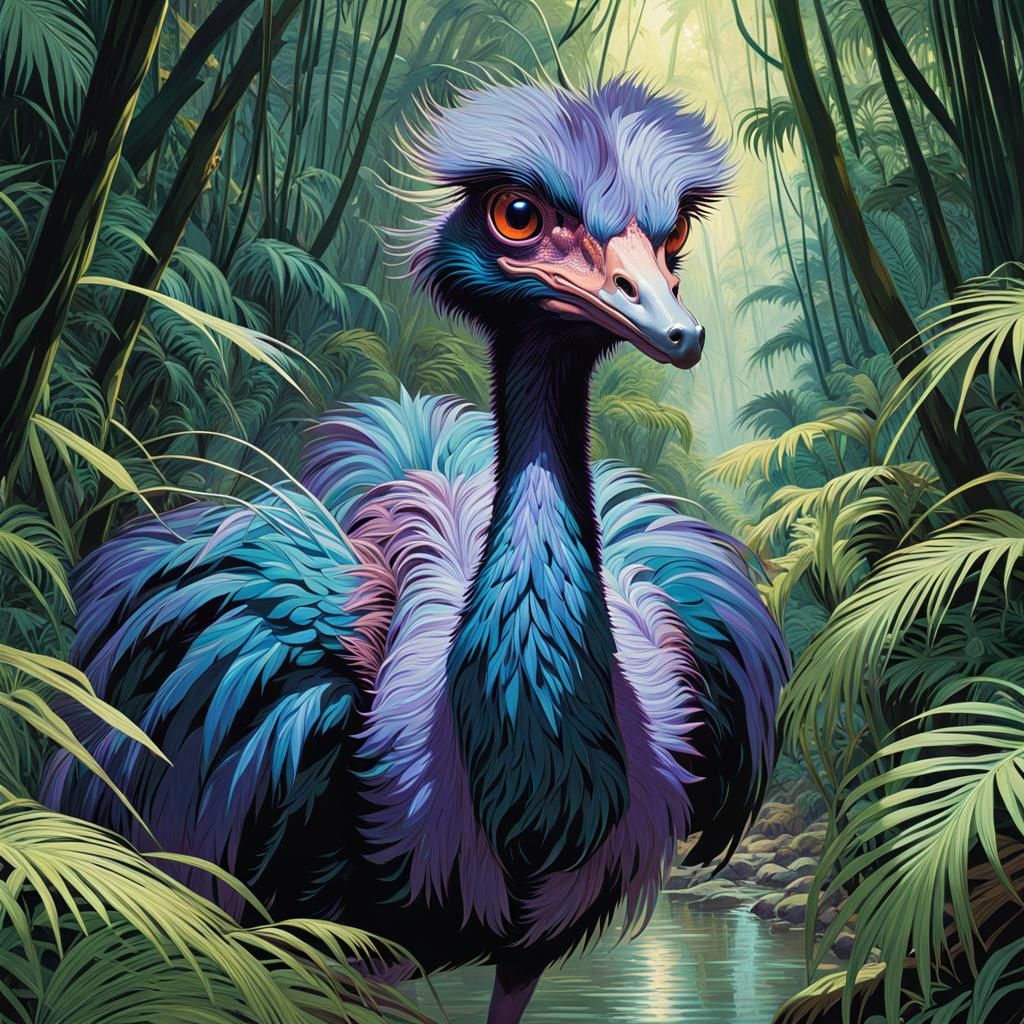 Ostrich-Dragons Stalking Jungle Stream: Digital Art