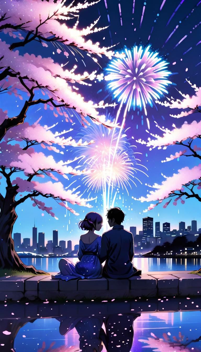 Couple Under Cherry Blossom Tree with Fireworks