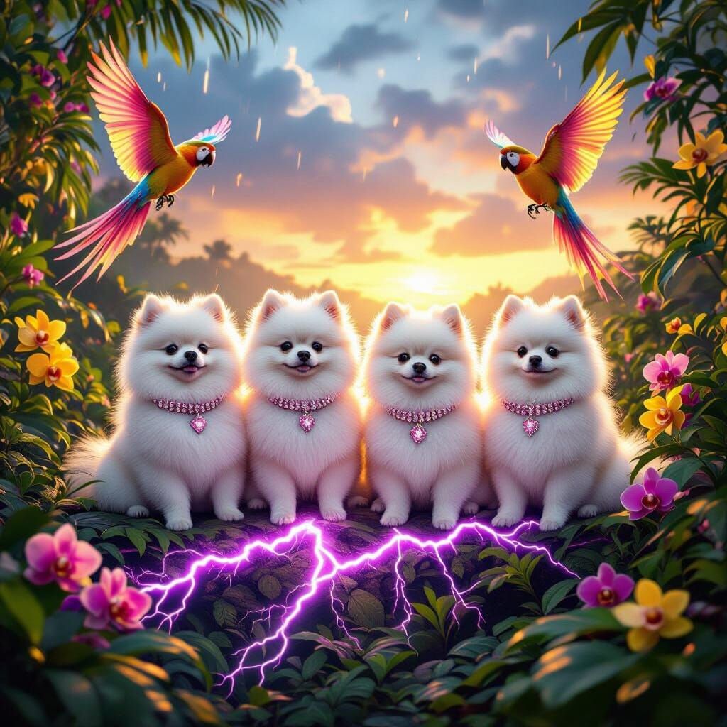 Pomeranians on Purple Lightning Amidst Jungle Storm