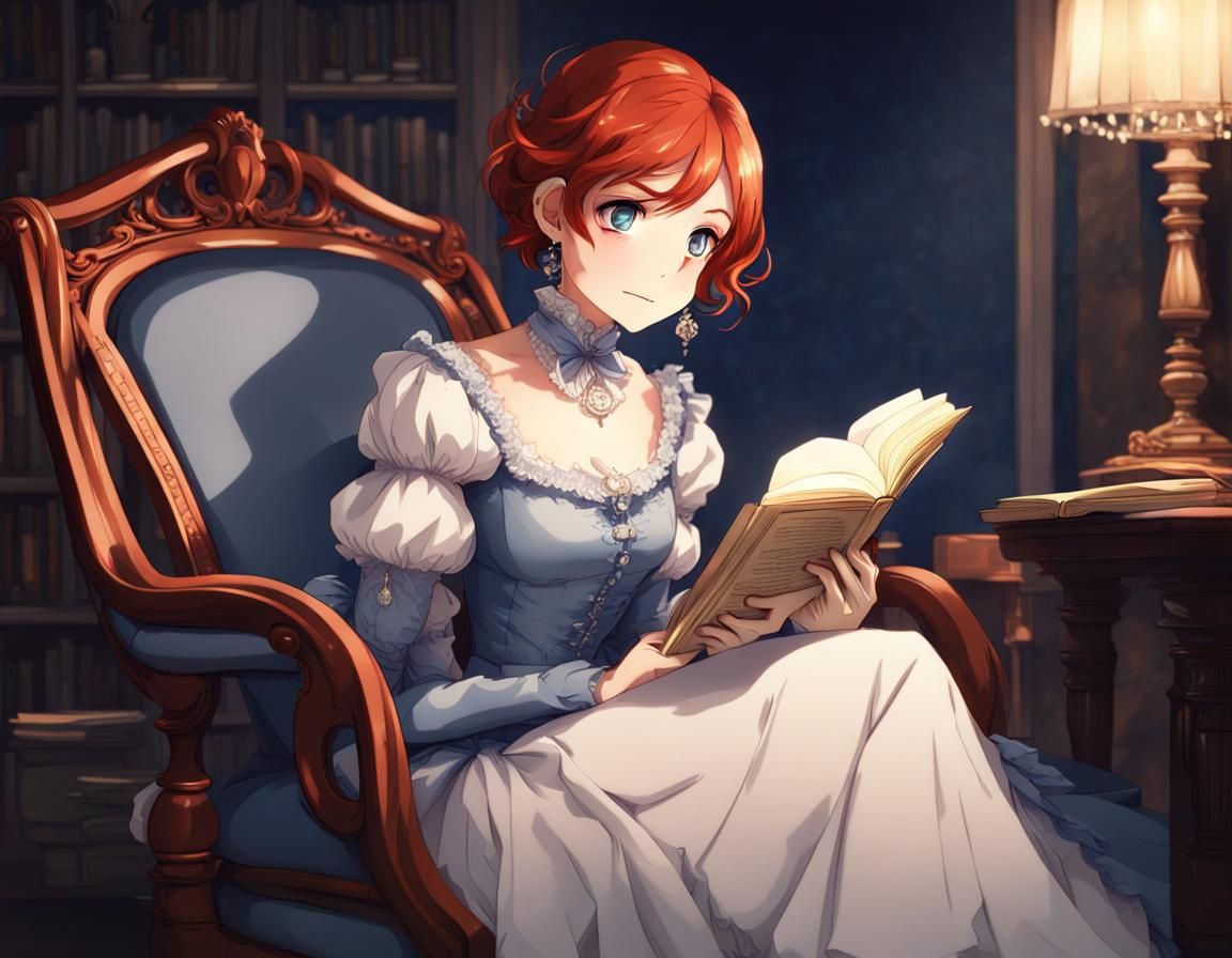Victorian Woman Reading: Anime Style Portrait