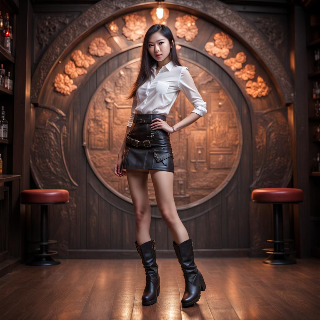 Asian model stands in a bar in short skirt and boots