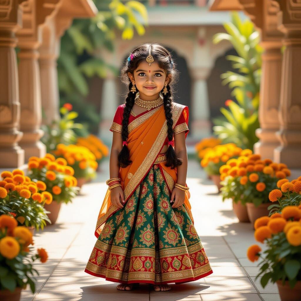 Indian Girl in Sun-Dappled Courtyard