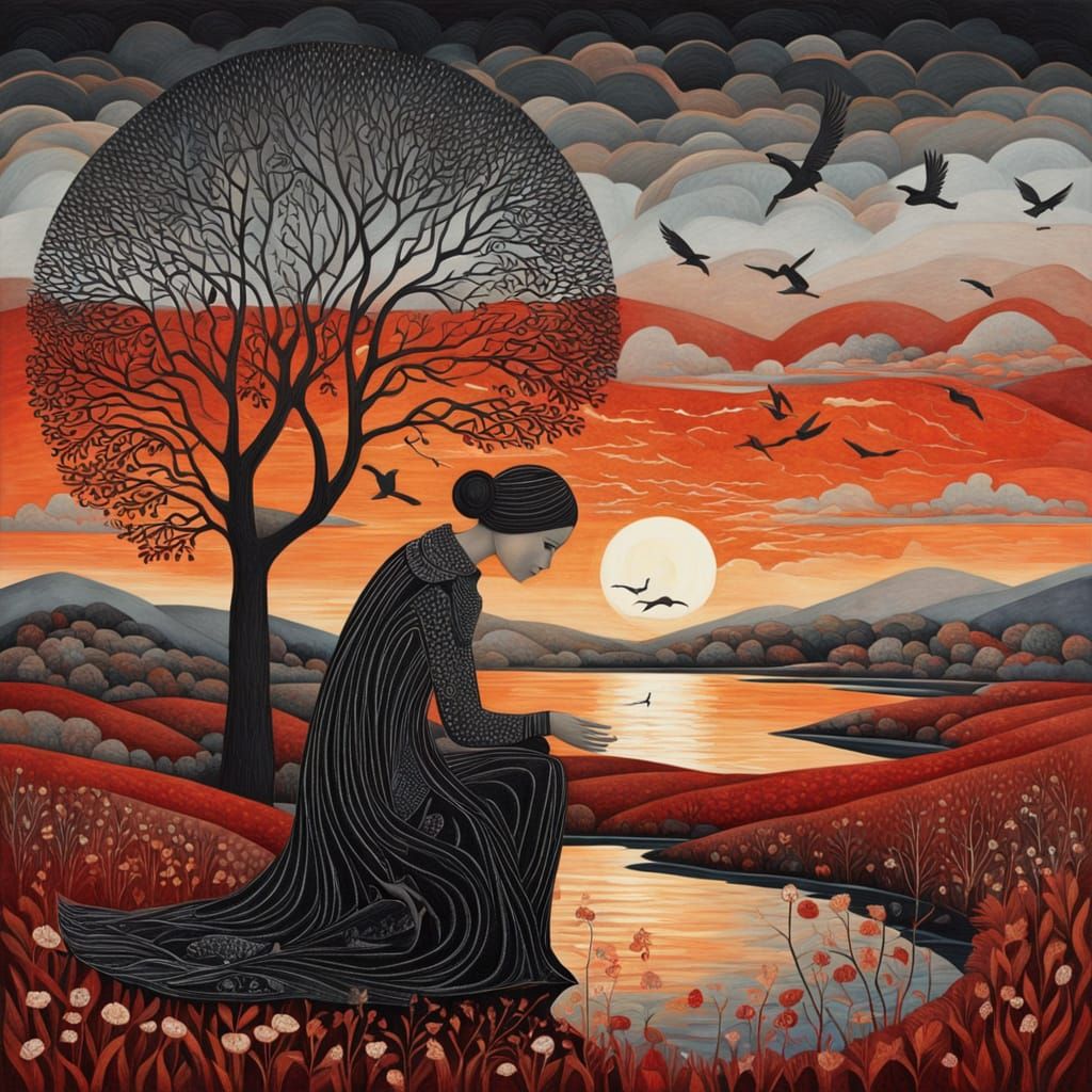 Fiery Sunset Sculpture: Strength in Broken Reflections