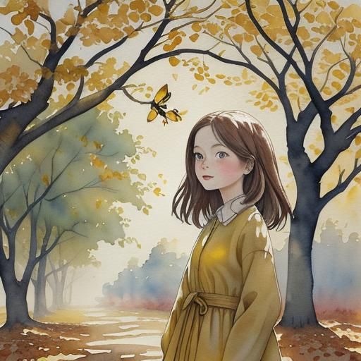 Watercolor Painting of Girl with Butterflies in Autumn