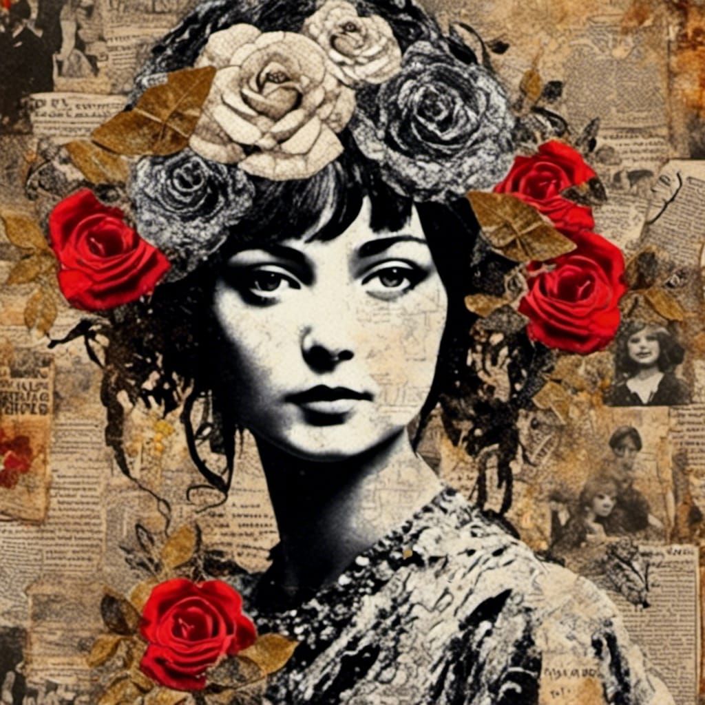 Silhouette Girl with Roses in Mixed Media Collage