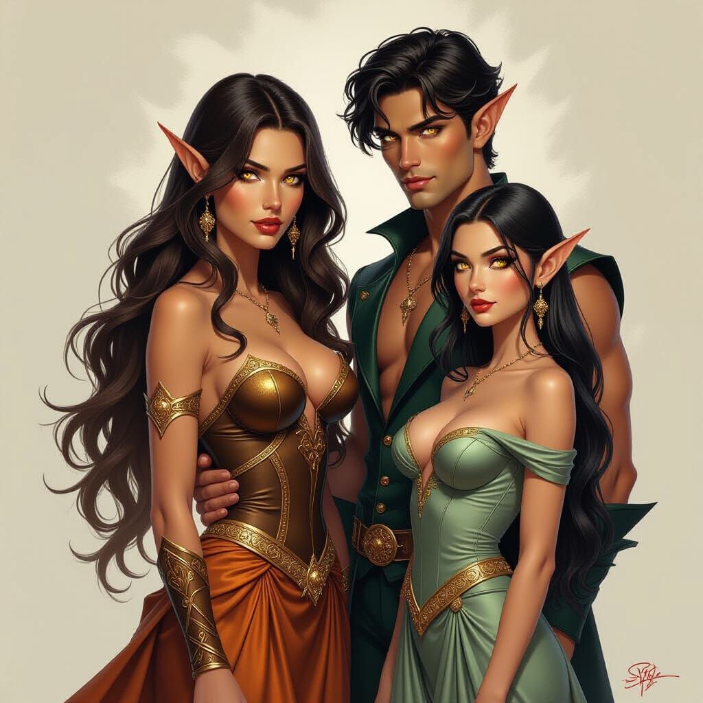 Fantasy Dragon-Shifters and Elf in Vivid Art Style