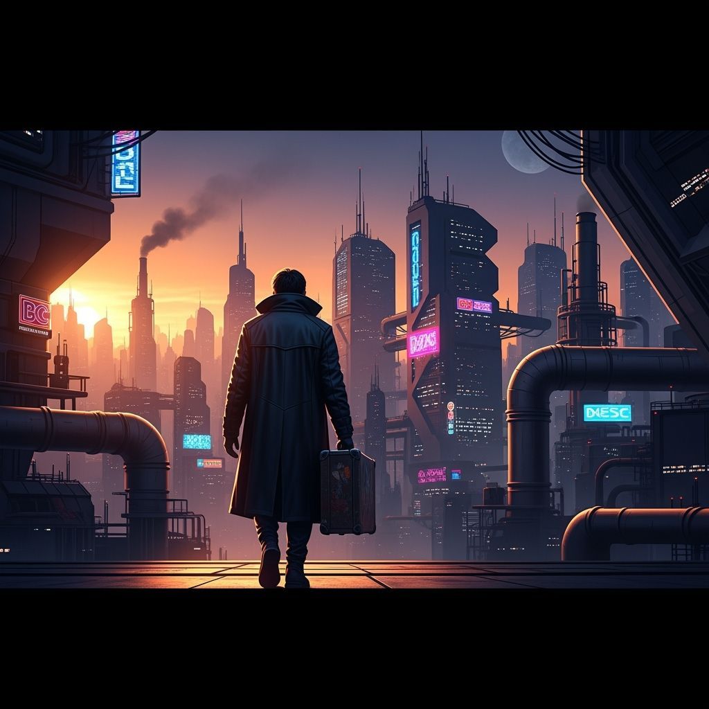 Lone Figure Leaving Futuristic City at Dusk