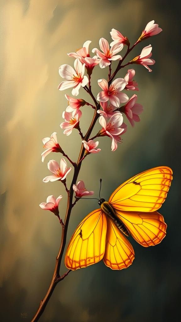 Peach Blossom Branch with Butterfly in Surreal Style