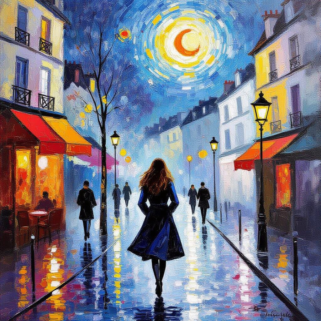 Woman Strolls Paris Streets in Kandinsky Style