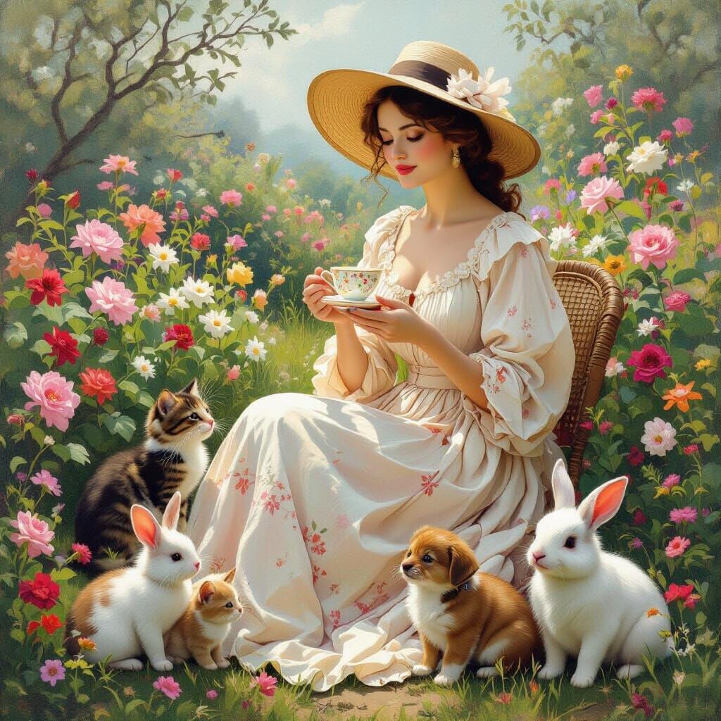 Elegant Lady's Garden Tea Party, Whimsical Style