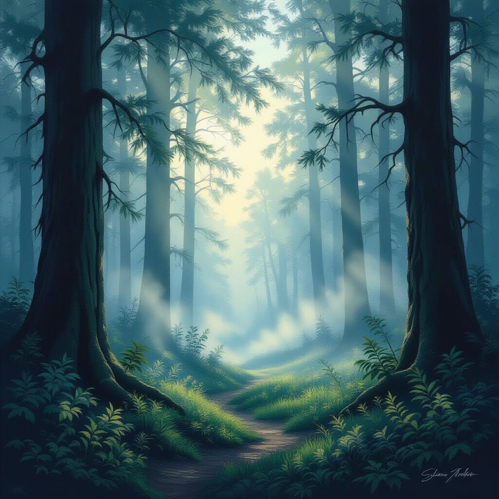 Peaceful Forest Dawn with Ethereal Light Rays