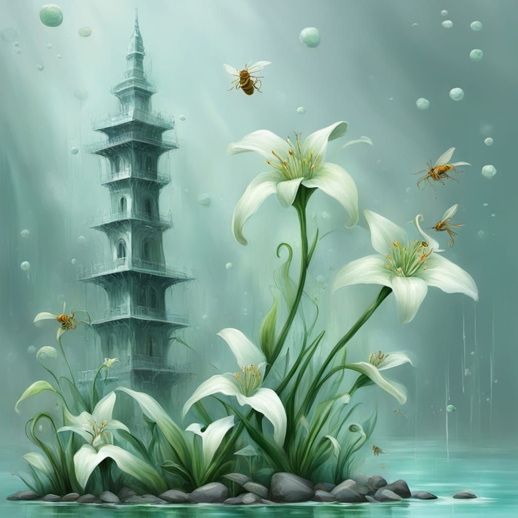 Surreal Abstract Painting of Tower and Mantis