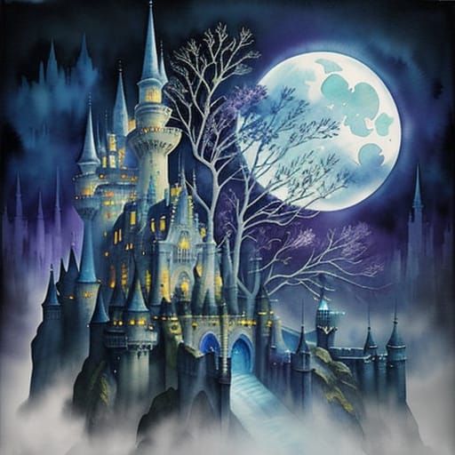 Ethereal Fantasy Castle in Watercolor Impasto Style