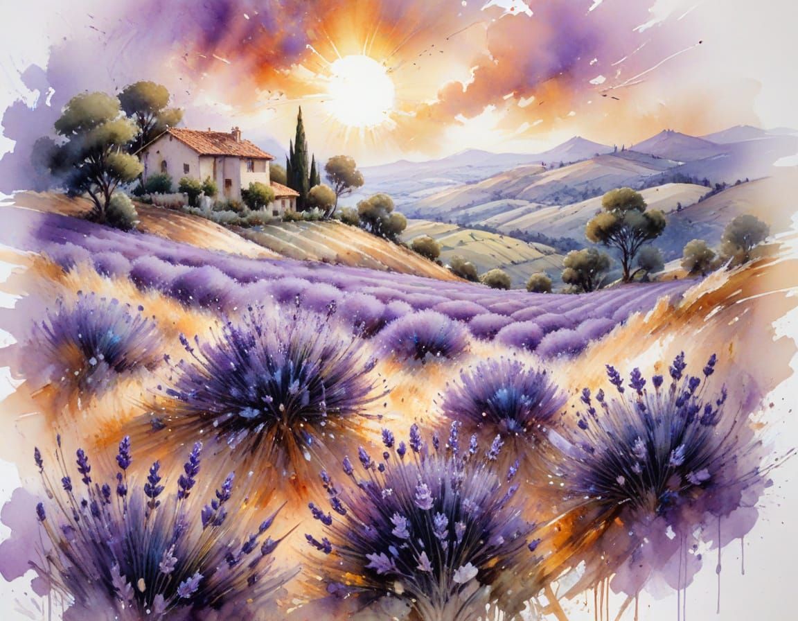 Lavender Hills Under Midsummer Sky in Watercolour Style