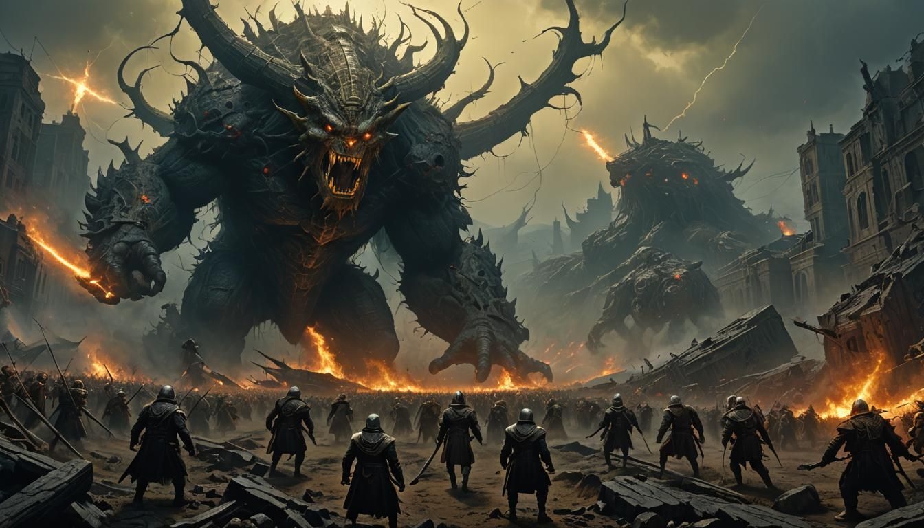 Chaotic Dark Fantasy Battle in Digital Art Style