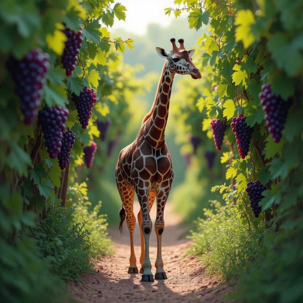Grape Giraffe on a Path: Photorealistic Sculpture