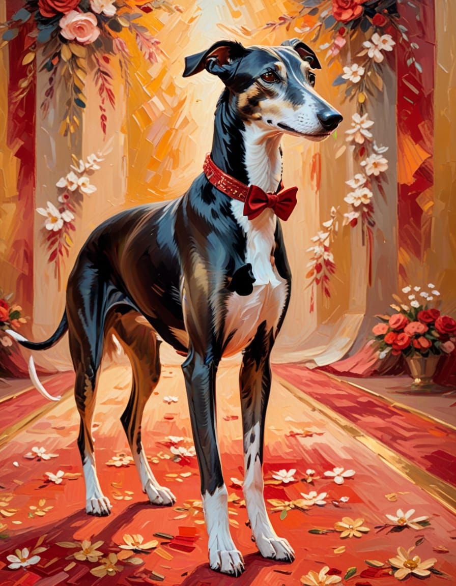 Elegant Greyhound in Tuxedo Walking on Red Carpet in Old Hol...