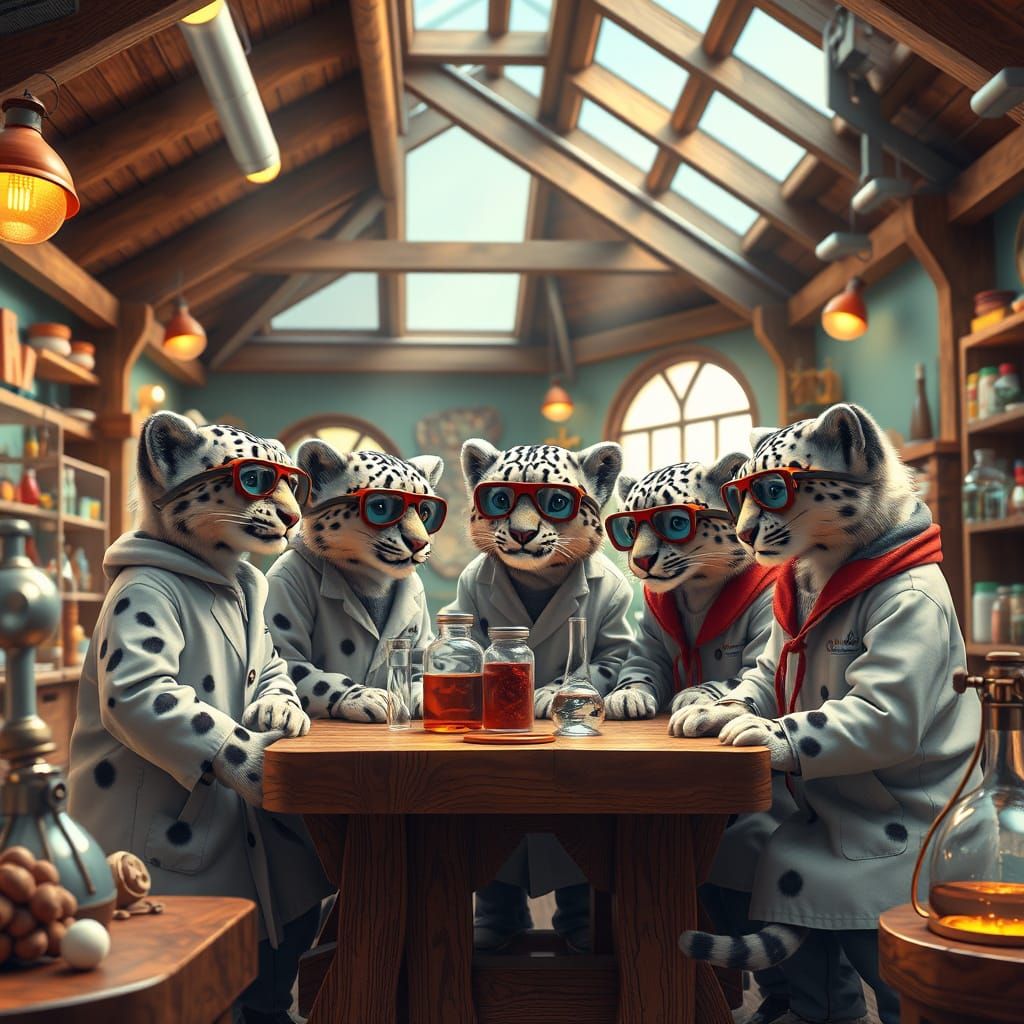 Whimsical Snow Leopard Scientists in a Fantastical Museum
