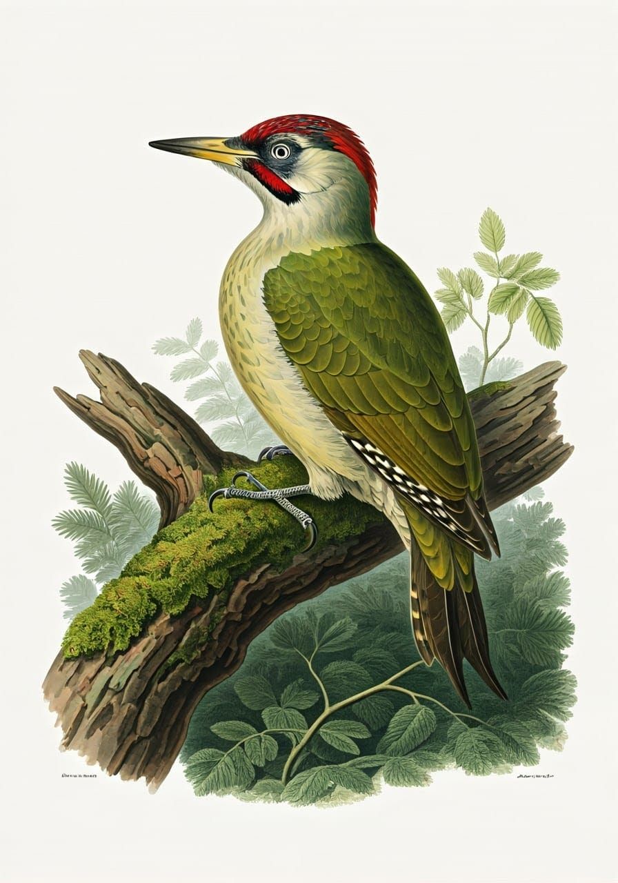 Nineteenth century zoological style book illustration of a Green Woodpecker