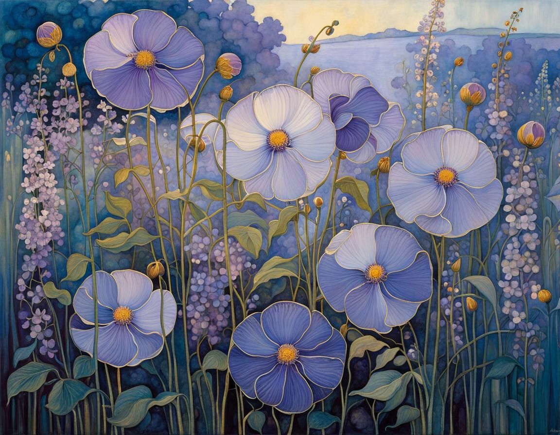 Delicate Purple Flowers in Blue Light, Art Nouveau
