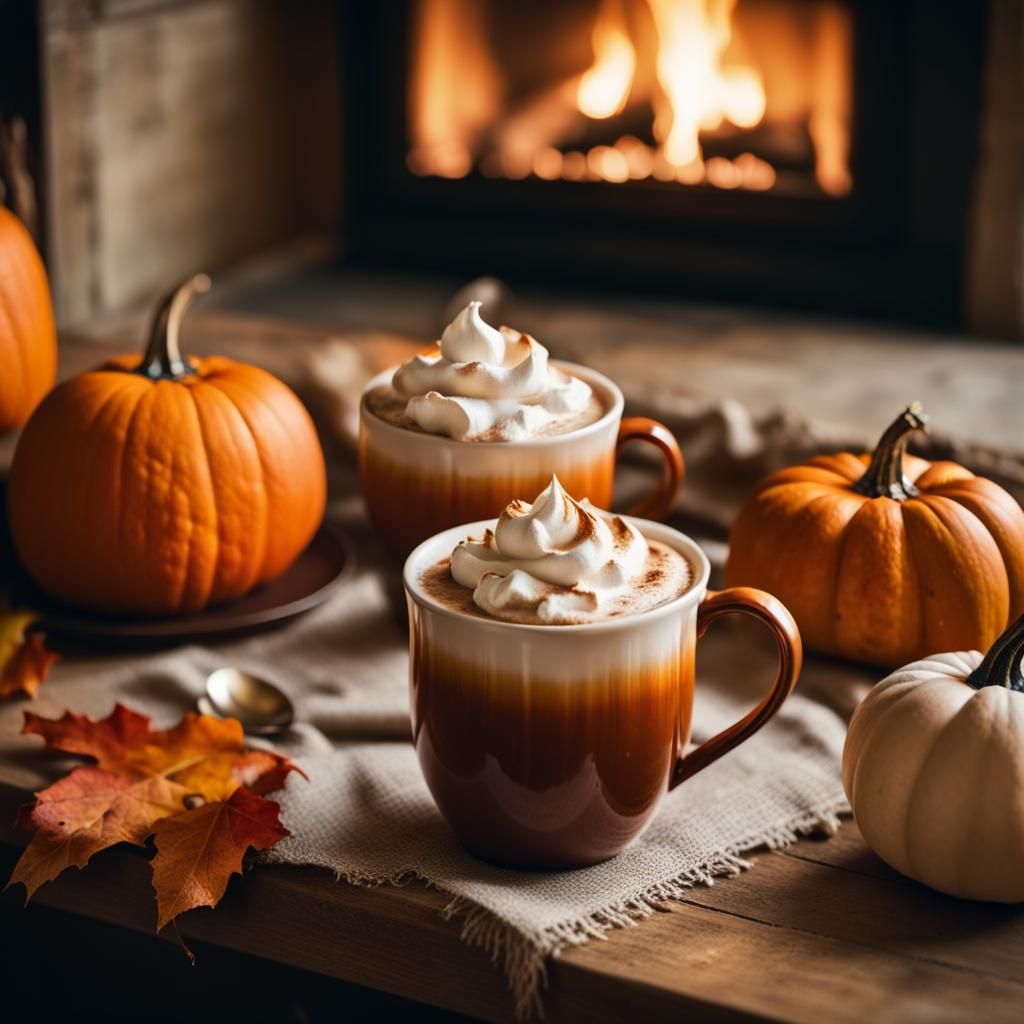 Coffee and Pumpkins by Fireplace in Golden Hour