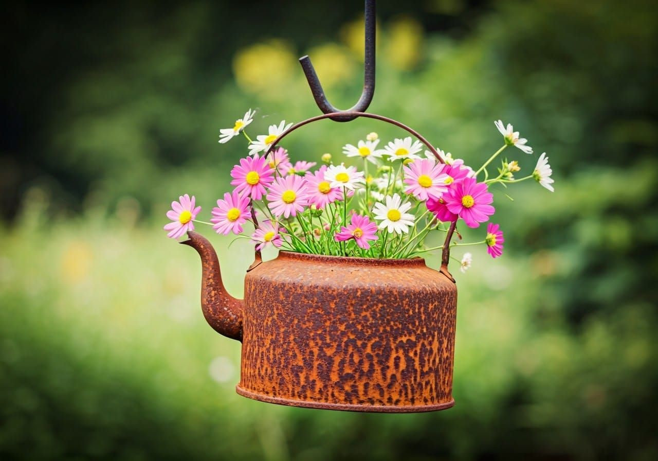 Vintage Garden Scene with Repurposed Kettle Planter in Whims...