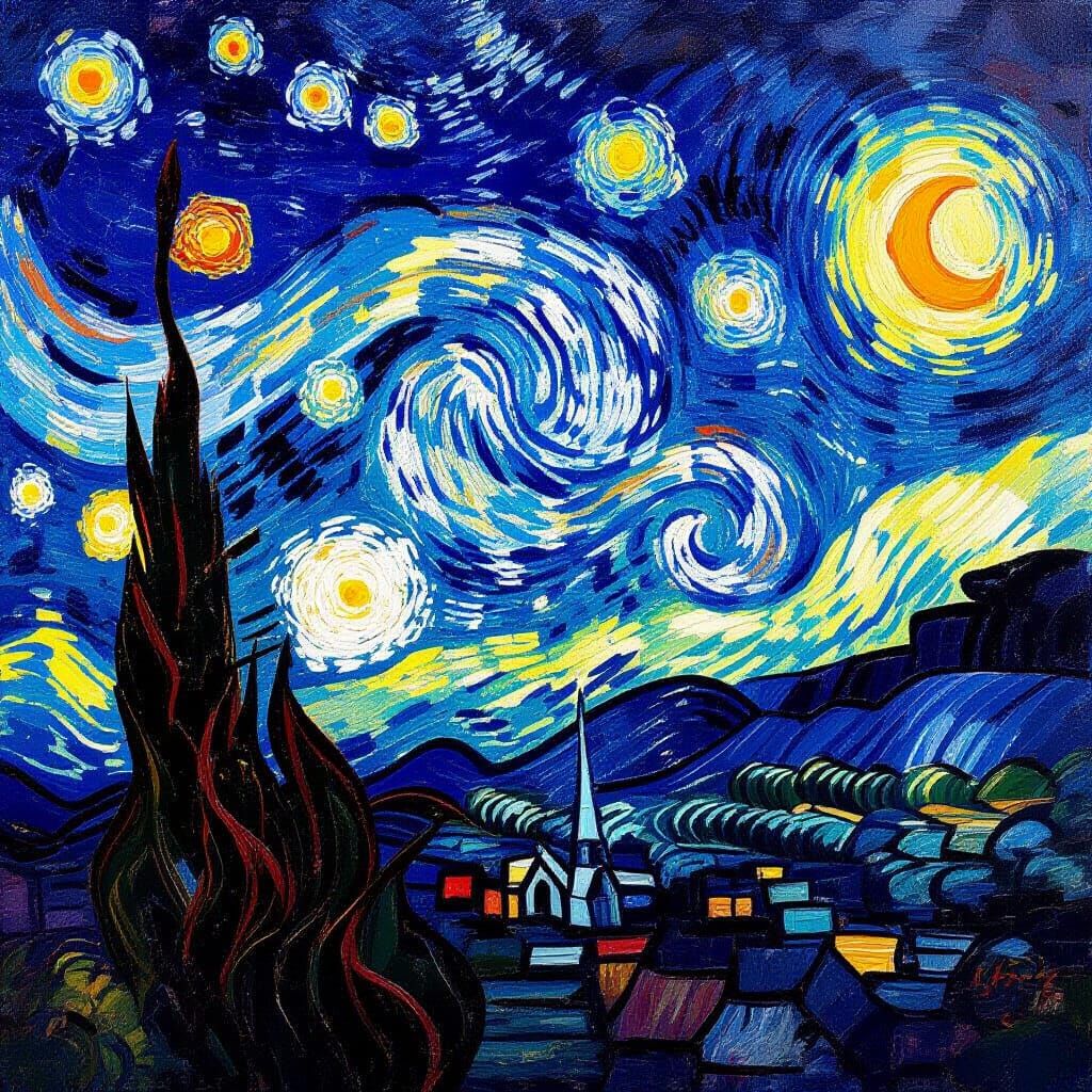Starry Night Sky in Neo-Impressionist Style