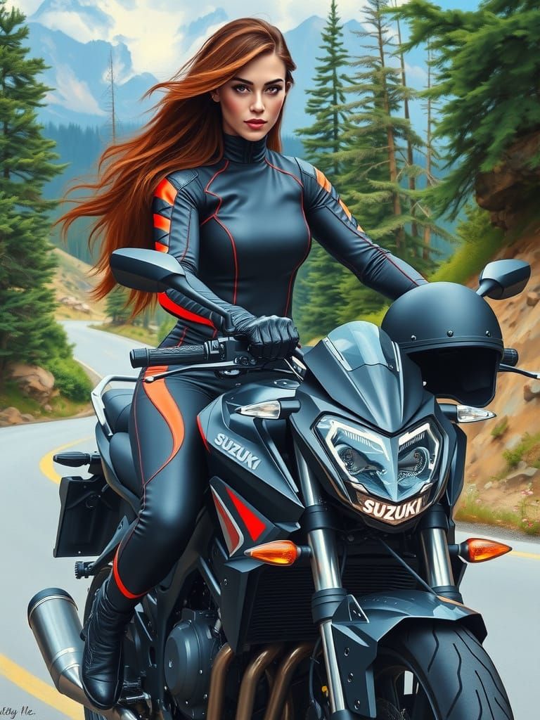 Beautiful Female Biker in Oil Painting Style
