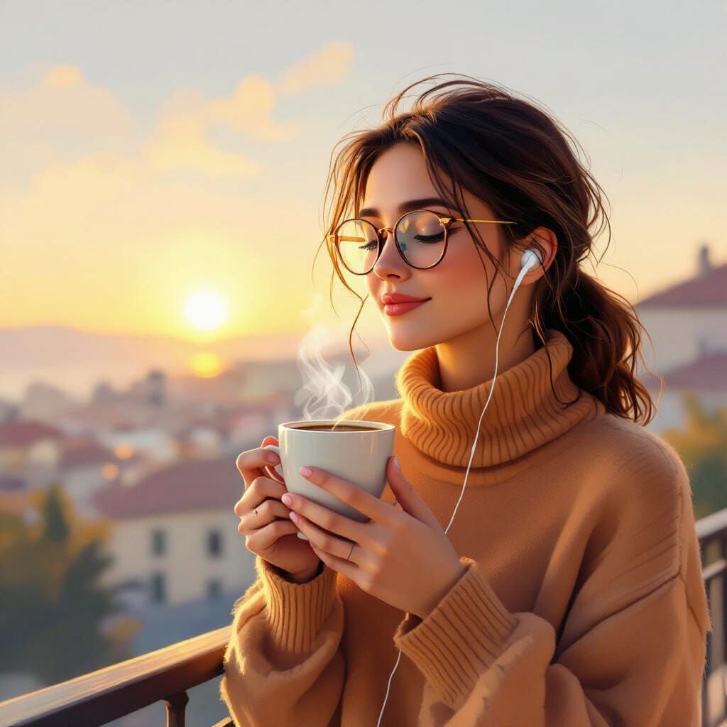 Young Woman Enjoys Coffee on Terrace in Monet-Inspired Style