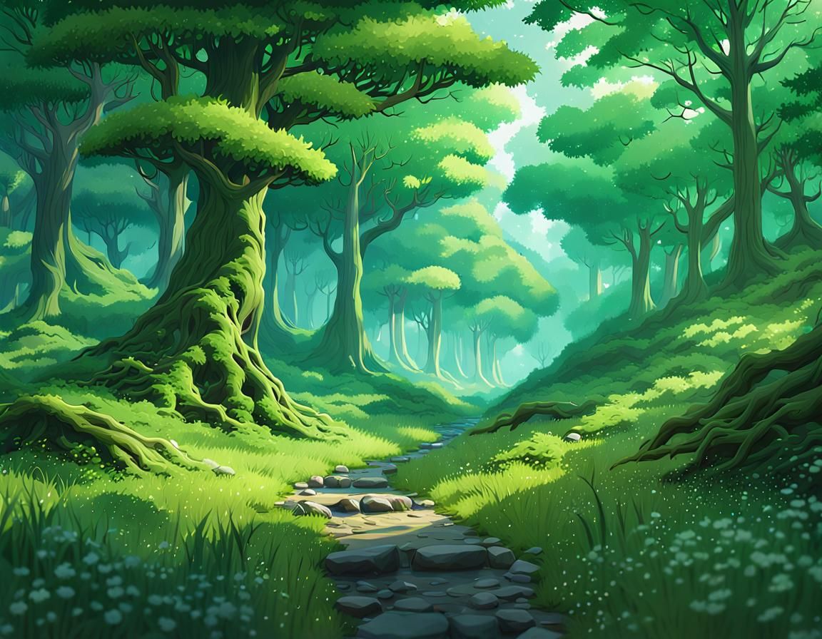 Lush Green Forest in Anime Style 3D Art