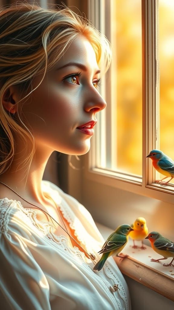 Gentle Woman Contemplates Whimsical Birds in Golden Light