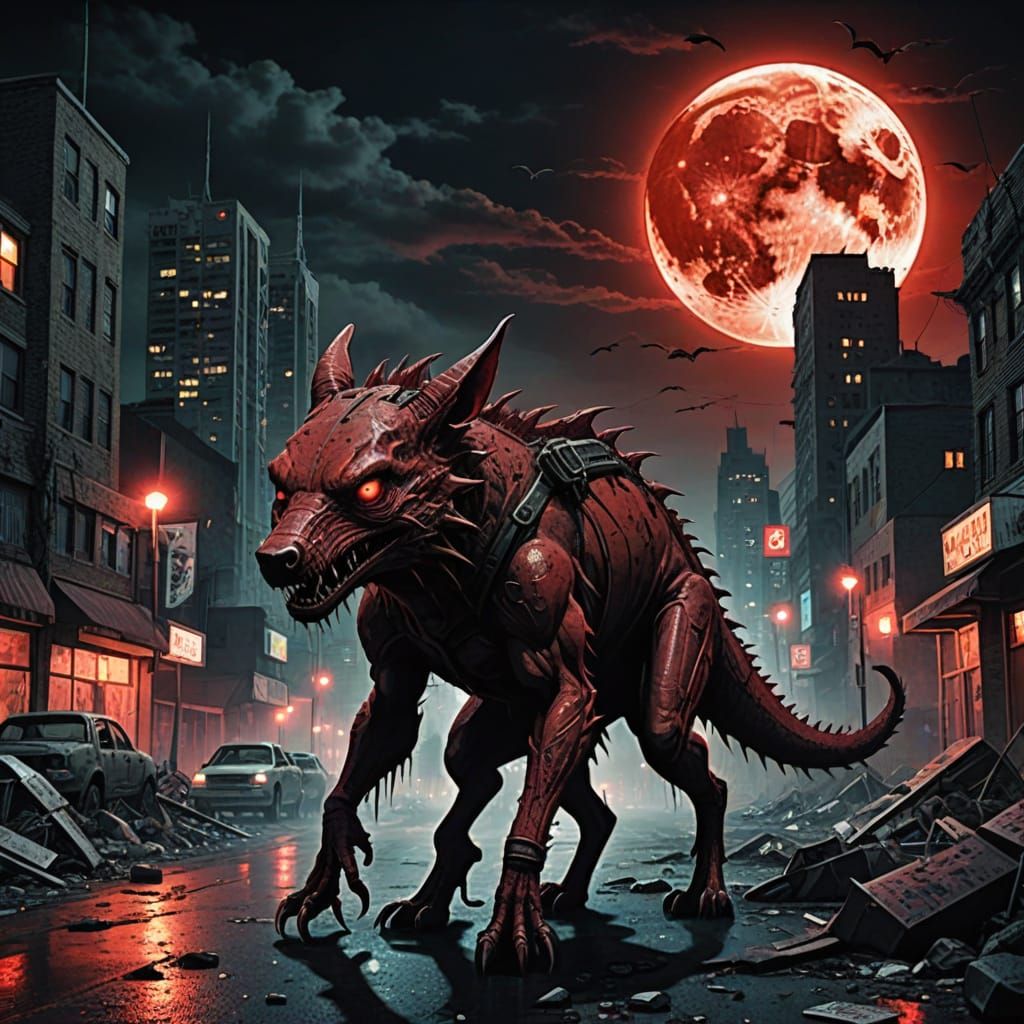 Chupacabra in Apocalyptic City Under Blood Moon