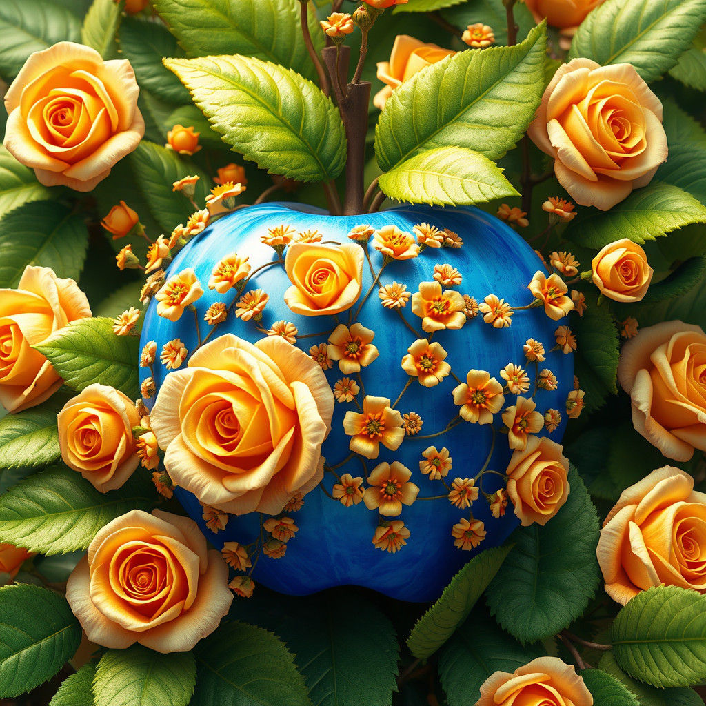 Blue Apple and Golden Roses in 3D Anime Style